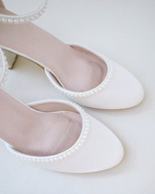 Satin Block Heel with Mini Pearls