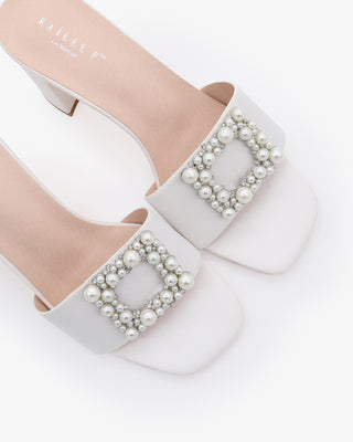 White Comfortable Pearl buckle satin slides for wedding