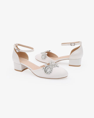 White Round Toe Satin Low Block Heel with Small Rhinestones Applique