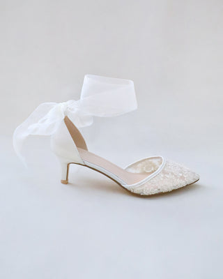Crochet Lace Pointy Toe Wedding Low Heels with Wrapped Ankle Tie