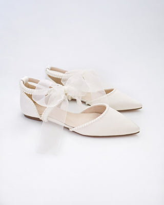 Satin Pointy Toe Flats with Mini Pearls and Chiffon Ribbon Tie