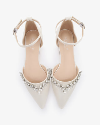 Ivory Satin Pointy Toe Flats Wedding Shoes with Starlet Rhinestones Embellishments