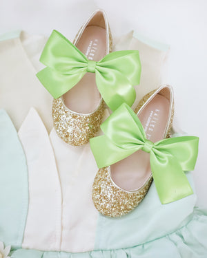 Gold Rock Glitter Mary Jane with Apple Green Satin Bow