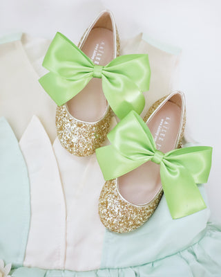 Gold Rock Glitter Mary Jane with Apple Green Satin Bow