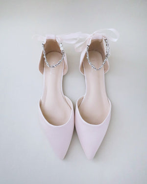 Satin Pointy Toe Evening Flats with Amaryllis Strap