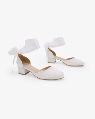 White Round Toe Satin Low Block Heel with Wrapped Ribbon Tie