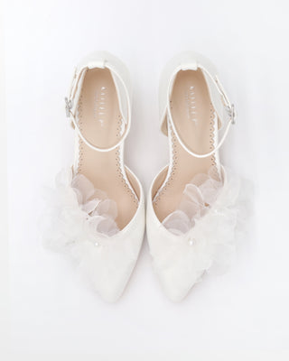 Satin Almond Toe Block Heels Wedding Shoes with Ophelia Flowers