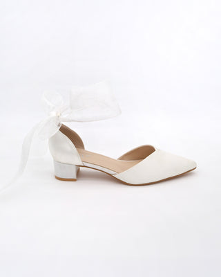 Satin Pointy Toe Low Block Heels Wedding Shoes with Wrapped Ribbon TieWomen Shoes
