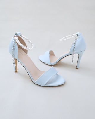 light blue satin high heel wedding sandals with pearl strap