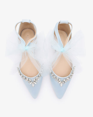 Light blue satin pointy toe bridal flats with starlet rhinestone embellishment and organza bow tie, elegant wedding shoes