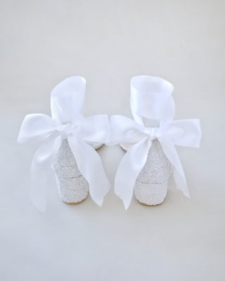 white crochet lace wedding sandals with wrapped satin ankle tie
