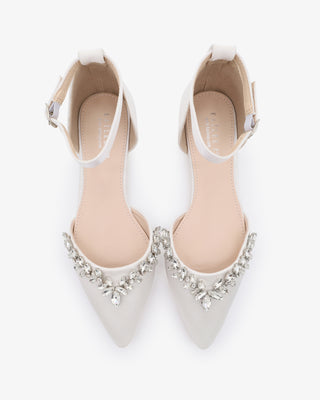 White Satin Pointy Toe Flats Wedding Shoes with Starlet Rhinestones Embellishments