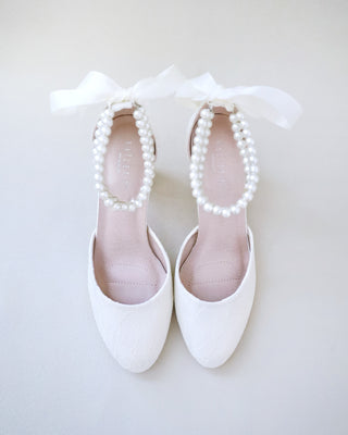 ivory lace wedding block heels with pearls strap