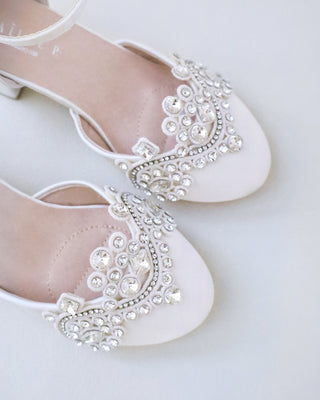 ivory satin girls block heels with rhinestones applique on vamp