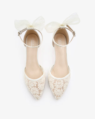 Crochet Lace Pointy Toe Wedding Low Heels with Tulle Back Bow