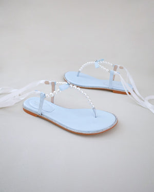 T-Strap Pearls Wedding Flat Sandals with Satin Ankle Strap