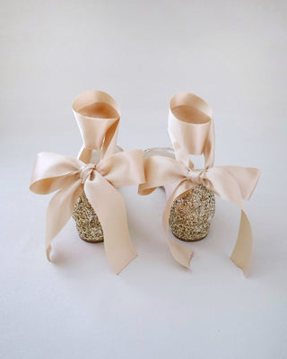 gold glitter heel wedding sandals with satin ribbon