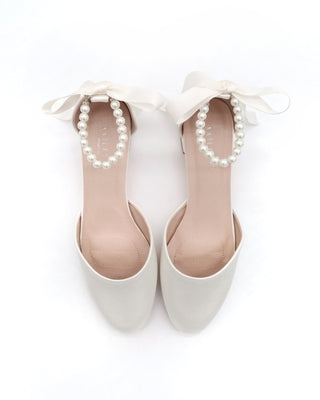 Round Toe Satin Block Heel with All Pearls Ankle Strap
