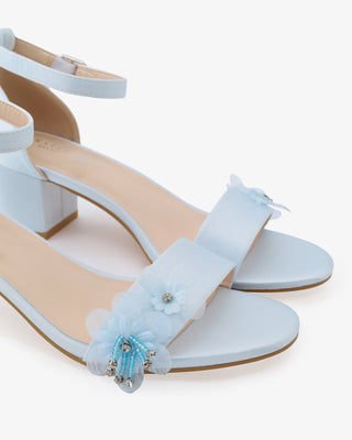 Satin Block Heel Wedding Sandals with Flower AppliquesWomen Shoes