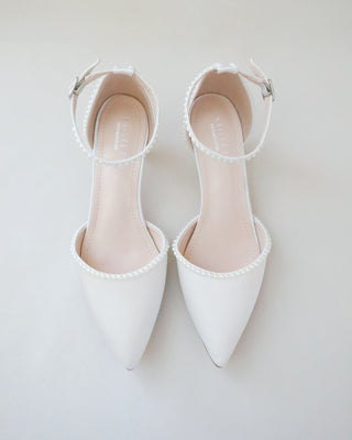 Ivory Satin Pointy Toe Low Heels with Mini Pearls