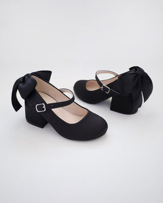 Girls Satin Mary Jane Block Heel with Back Satin Bow