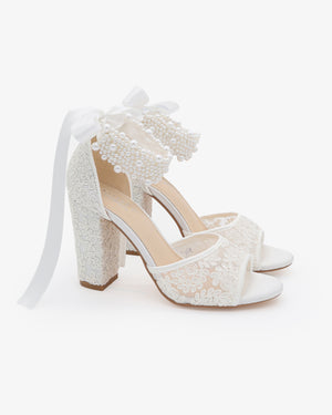 Crochet Lace Block Heel Sandals with Perla Ankle Strap