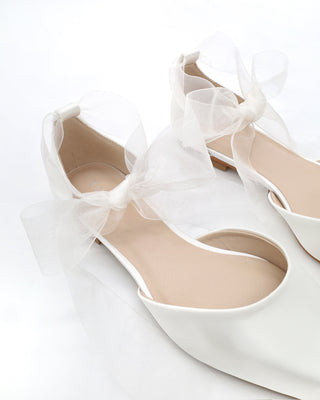 Satin Pointy Toe Bridal Flats with Ribbon Tie or Pearls StrapWomen Shoes