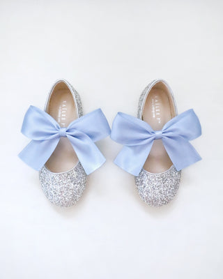 Silver Rock Glitter Mary Jane with Dusty Blue Satin Bow