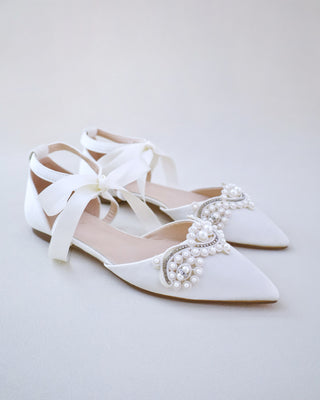 Satin Pointy Toe Flats with Small Pearls Applique Embellishment