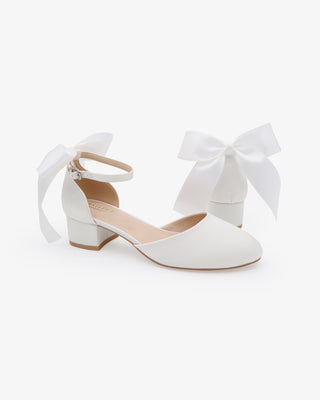 White Round Toe Satin Low Block Heel with Back Satin Bow