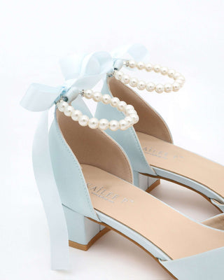 Satin Pointy Toe Low Block Heels Wedding Shoes with All Pearls Ankle StrapWomen Shoes
