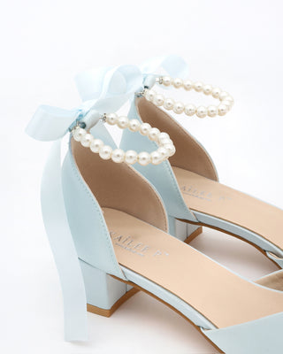 Satin Pointy Toe Low Block Heels Wedding Shoes with All Pearls Ankle Strap