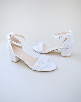 White Crochet Lace Block Heel Wedding Sandals with Mini Pearls