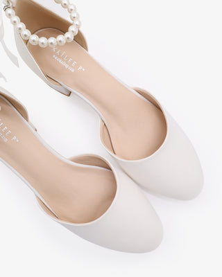 White Round Toe Satin Low Block Heel with All Pearls Ankle Strap