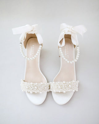 Satin Block Heel Wedding Sandals with Perla Applique and All Pearls Strap