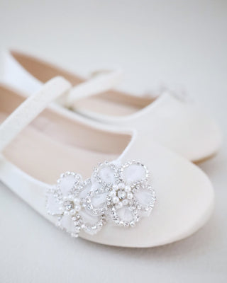Satin Mary Jane Flats with Rhinestones Chassia Flower