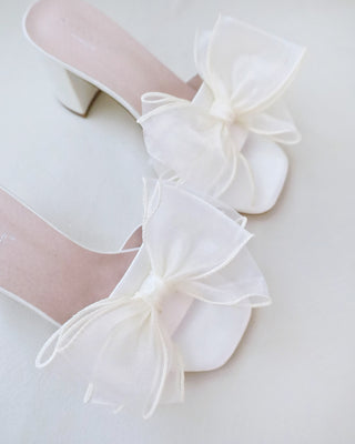 Ivory Satin Block Heels Wedding Slide Sandals with Layered Organza Bow