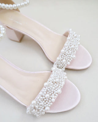 Satin Block Heel Evening Sandals with Perla Applique