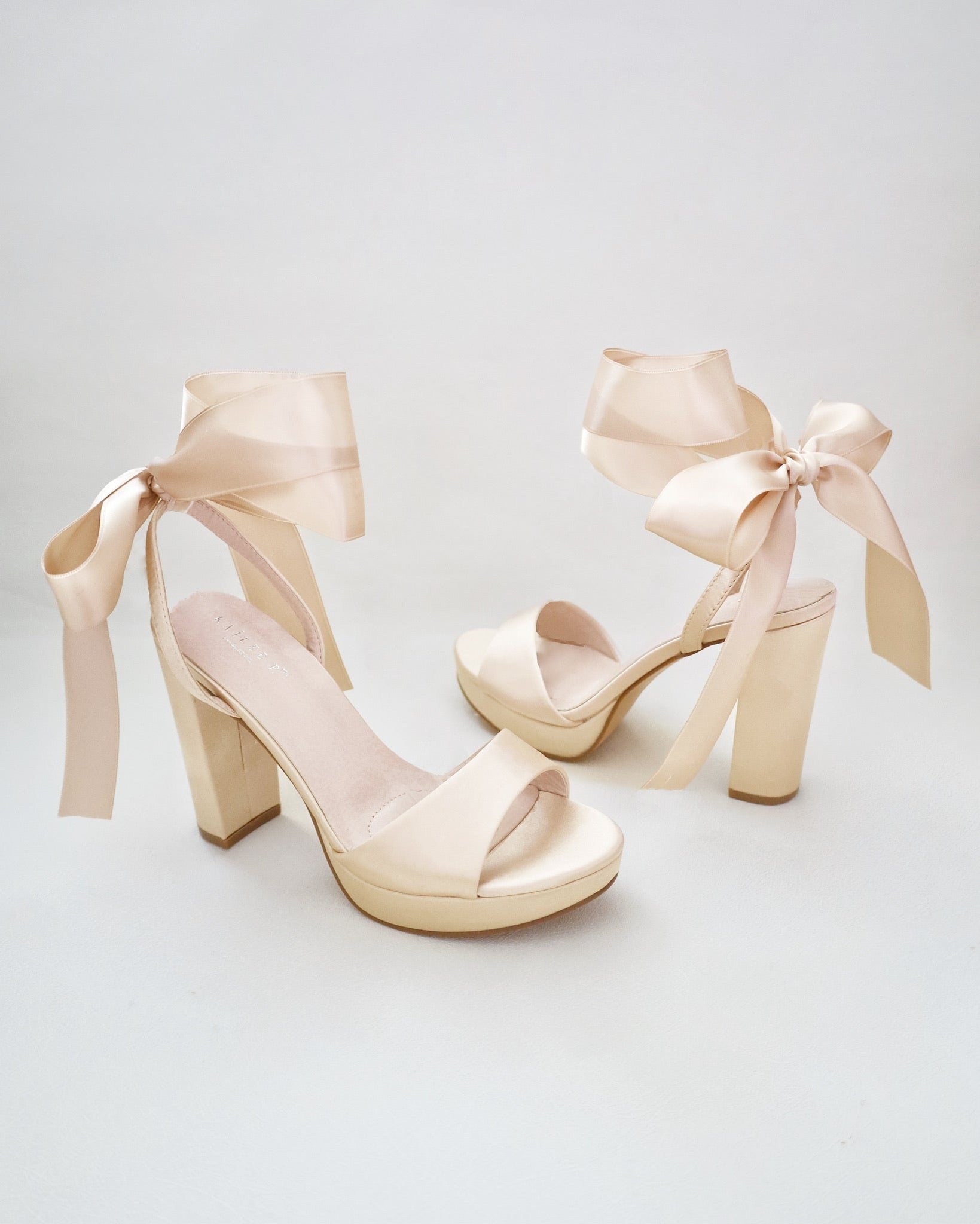 Satin Platform Block Heel Sandals with Wrapped Ribbon Tie