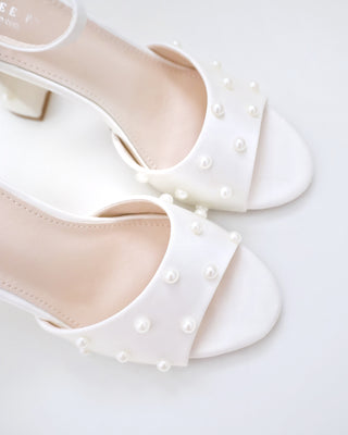 Satin Block Heel Wedding Sandals with Scattered Pearls