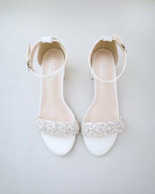 Satin Block Heel Wedding Sandals with Rhinestones Chassia Flower