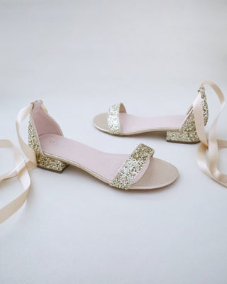 Gold Rock Glitter Low Block Heel Ballerina Bridal Sandals