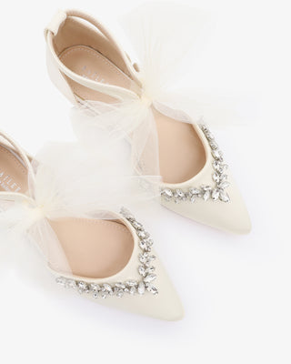 Ivory satin pointy toe bridal flats with starlet rhinestone embellishment and organza bow tie, elegant wedding shoes