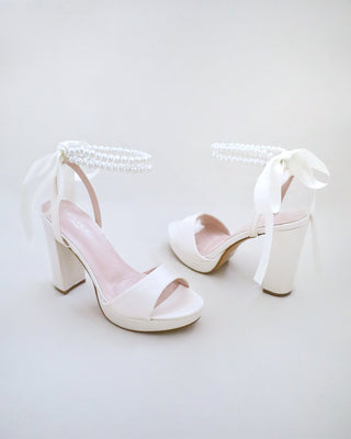 ivory satin platform wedding heels with double pearls ankle strapivory satin platform wedding heels sandals with double pearls ankle strap