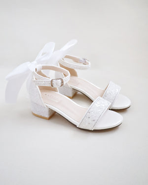 Rock Glitter Low Block Heel Girls Sandals with Back Satin Bow