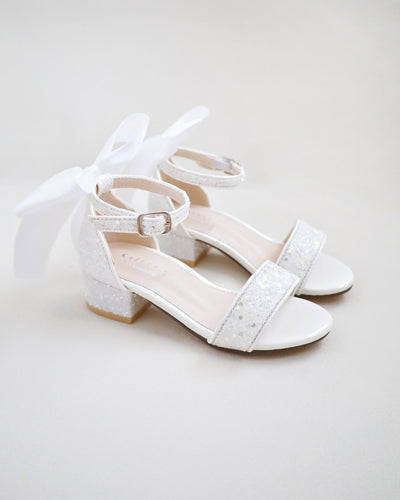 White Glitter Low Block Heel with Satin Back Bow