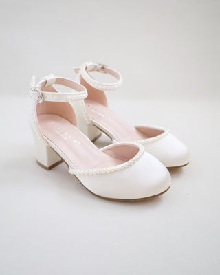 Ivory Satin Girls Block Heel with Mini Pearls, Flower Girls Shoes