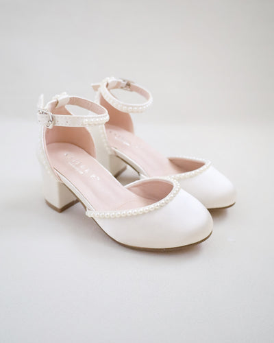 Ivory Satin Block Heels with Mini Pearls for Girls
