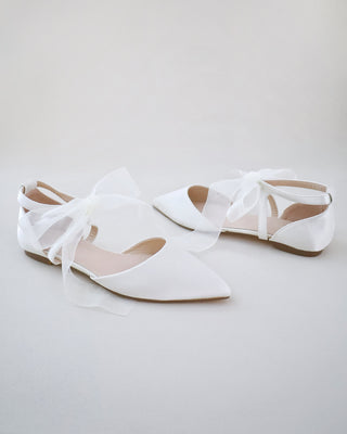 Satin Pointy Toe Flats with Chiffon Ribbon Tie