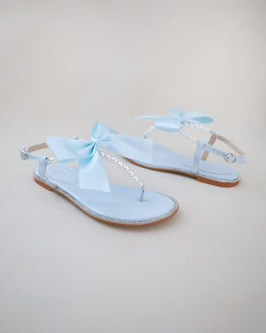 T-Strap Pearls Wedding Flat Sandals with Oversized Bow
